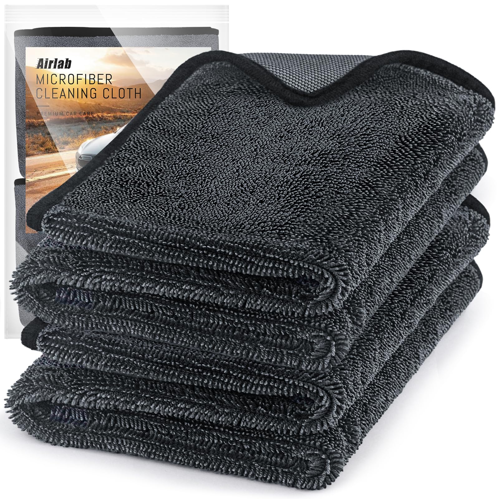 Airlab 2 Pack Drying Towel 60 x 40 CM, Super Absorbent Bathroom Drying Cloth 650 GSM, Magic Cloths for Cleaning Shower Glass, Black Microfiber Cleaning Cloth for Mirrors Window Car Windscreen