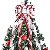 Christmas Tree Topper Christmas Wreath Bow, 52 * 13 inches Tree Toppers Bow withSanta Claus Patterned Ribbon for Xmas Tree Christmas Rustic Farmhouse Home Holiday Party Decorations White Red