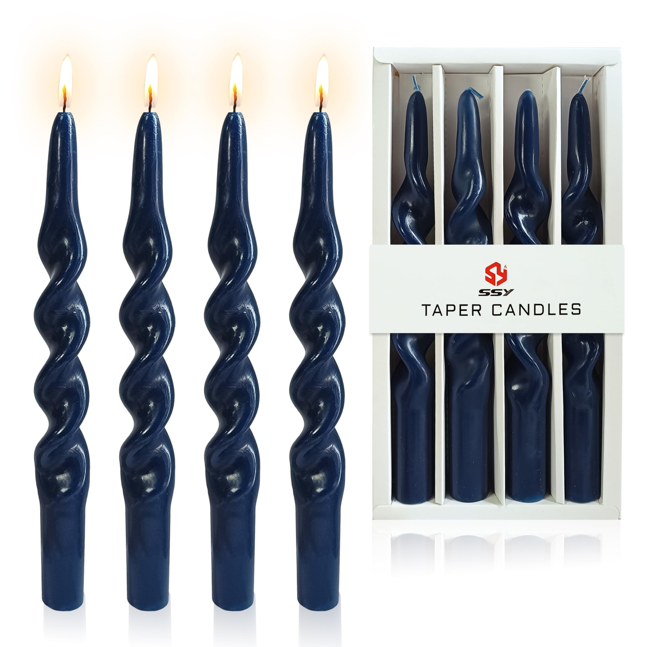 Photo 1 of 10 Inches Spiral Taper Candles Sticks Navy Blue Twisted Candle Dripless Unscented Long Candles, Handmade Candlesticks for Wedding Dinner Decor, Set of 4