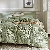 JELLYMONI Light Green Duvet Cover Queen Size, 3pcs Washed Microfiber Bedding Set, Soft Breathable Seersucker Duvet Cover Set with Zipper Closure and Corner Ties for All Seasons
