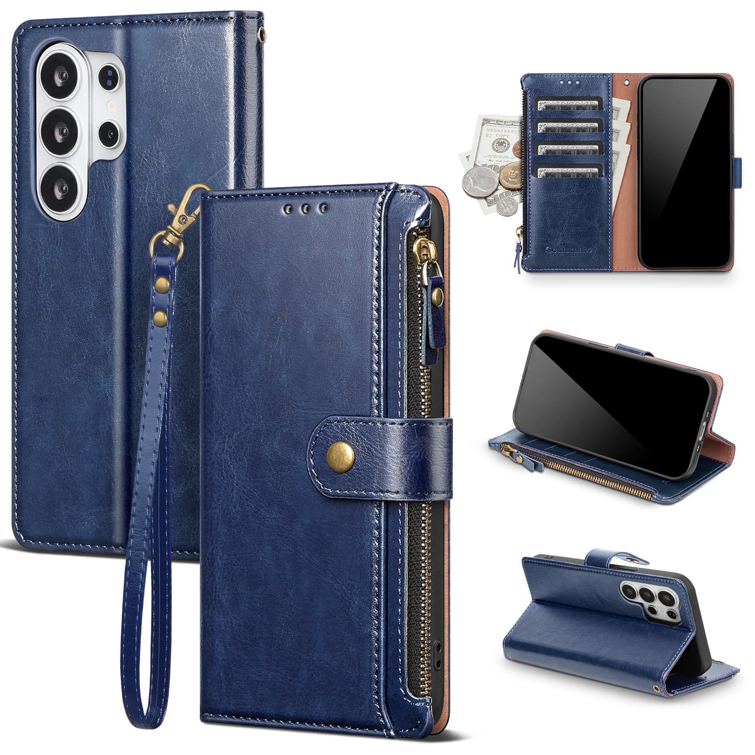 Scutumate Compatible with Samsung Galaxy S26 Ultra Wallet Case with Card Holder RFID Blocking PU Leather Phone Case Flip Protective Cover with Wrist Strap Credit Card Slots Kickstand Men Women,Blue