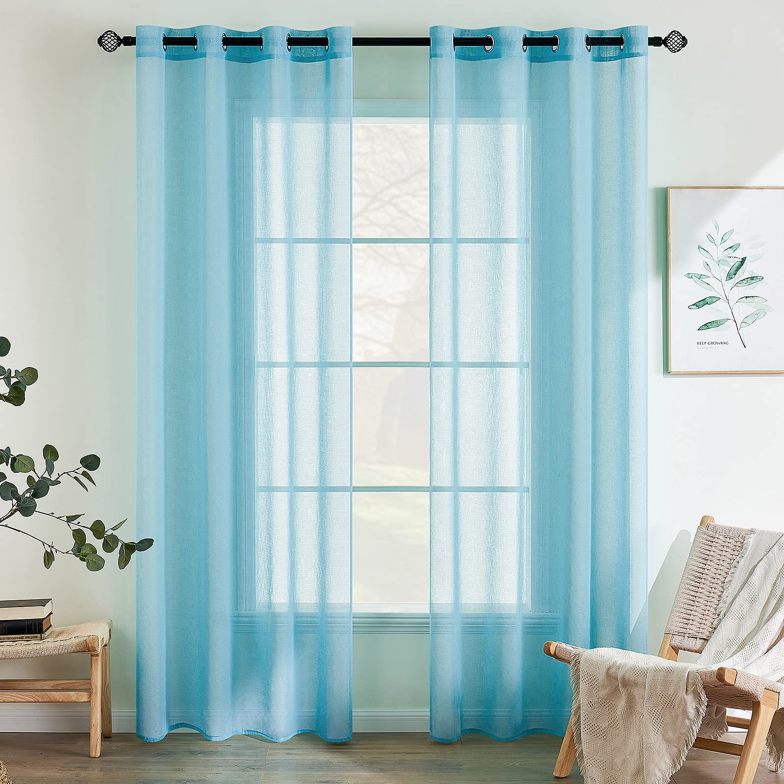 EMEMA Set of 2 Sheer Voile Curtains with Eyelets Transparent Voile Polyester Eyelet Curtain Transparent Living Room Airy Decorative Curtain for Bedroom 140 x 280 cm Light Blue
