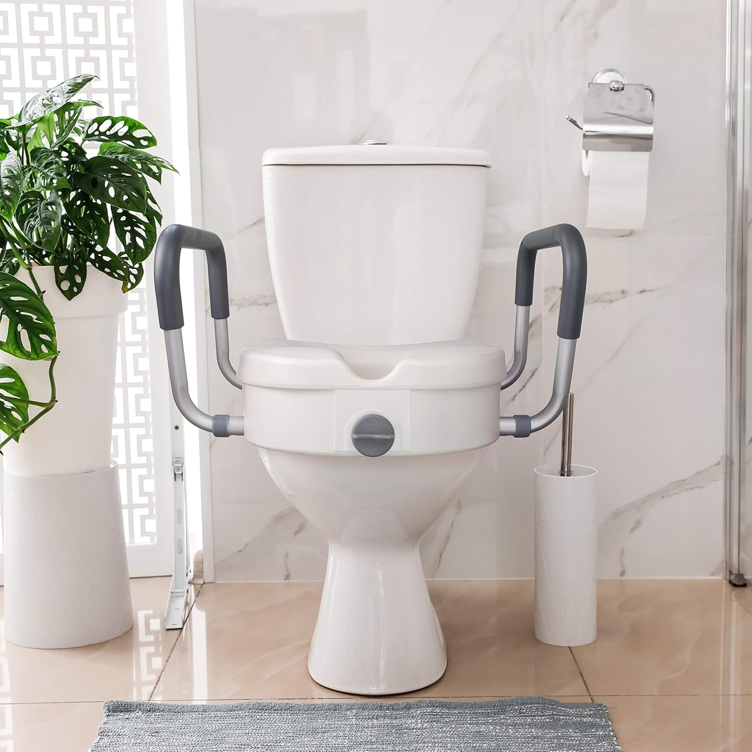 RMS Raised Toilet Seat - 5 Inch Elevated Riser with Adjustable Padded Arms - Toilet Safety Seat for Elongated or Standard Commode: Health & Personal Care