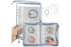 AOLEIXIYA Travel Jewelry Organizer Book Clear Earring Storage Book Transparent Jewelry Storage Book with Zipper Pouch Bags (Light blue, 48-Piece Clear Bracelets Bags)