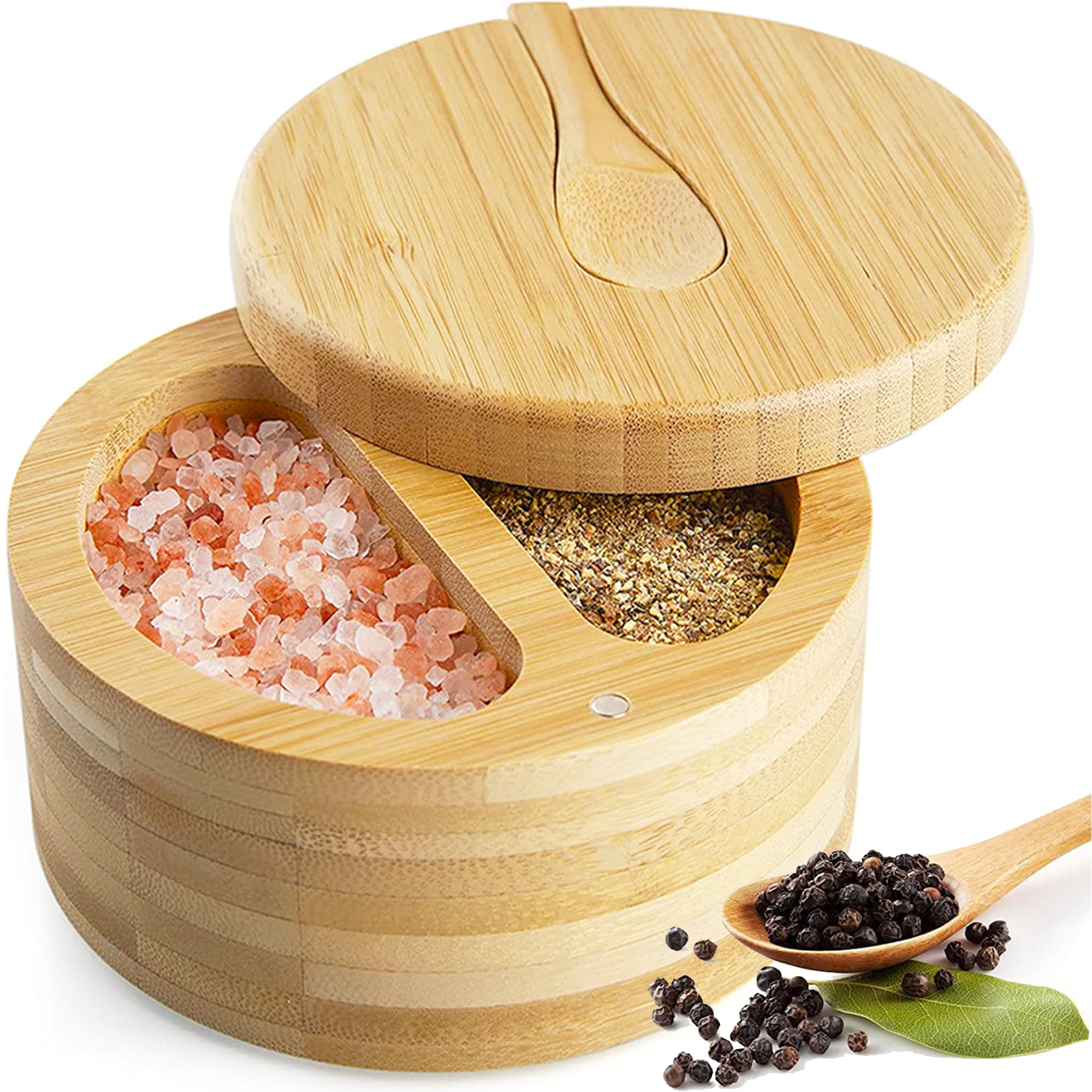 XFLYP Salt Box, Swivel Lid Container with Magnetic Swivel Lid and Small Wooden Spoon for Kitchen Seasonings, Spices, Herbs(2-chambered) — image 1