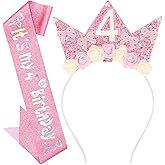 Exacoo 4 Year Old Girl Birthday Gifts Crown Headband and Sash for Girls Pink Glitter 4th Birthday Decorations Girl Tiara Princess Party Hairband Outfit for 4 Year Old Party Celebration