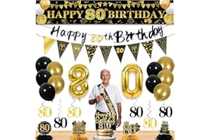 YEOHJOY 27pcs 80th Birthday Decorations for Men, Black Gold 80th Party Decorations, Happy 80th Birthday Banner Honeycomb Table Hanging Swirls Cake Topper and Balloons, 80 years old birthday decorations