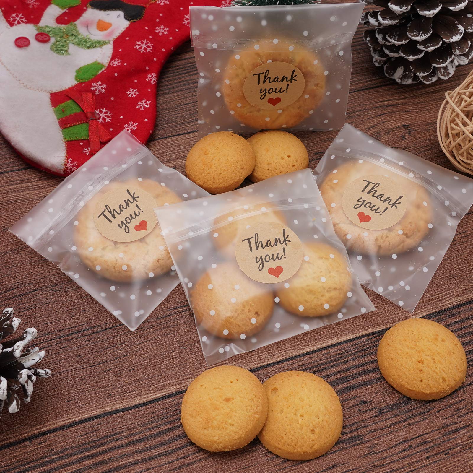 Self Adhesive Cookie Bags, White Polka Dot Individual Resealable Cellophane Treat Bags with Thank You Stickers for Gift Giving (3.9''x3.9'', 100 Pcs)