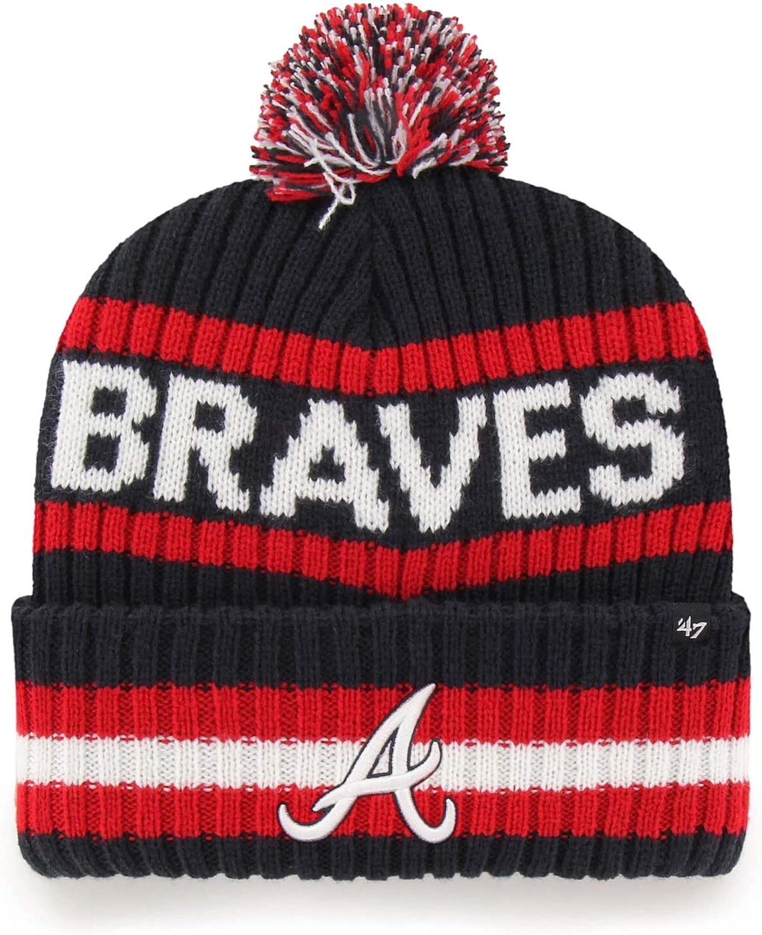 '47 MLB Unisex-Adult Primary Logo Bering Cuffed Knit Pom Beanie Hat One Size (Atlanta Braves) Image