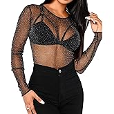 BelleLovin Women's Sheer Mesh Tops Long Sleeve Glitter Sexy Tops See Through Blouses