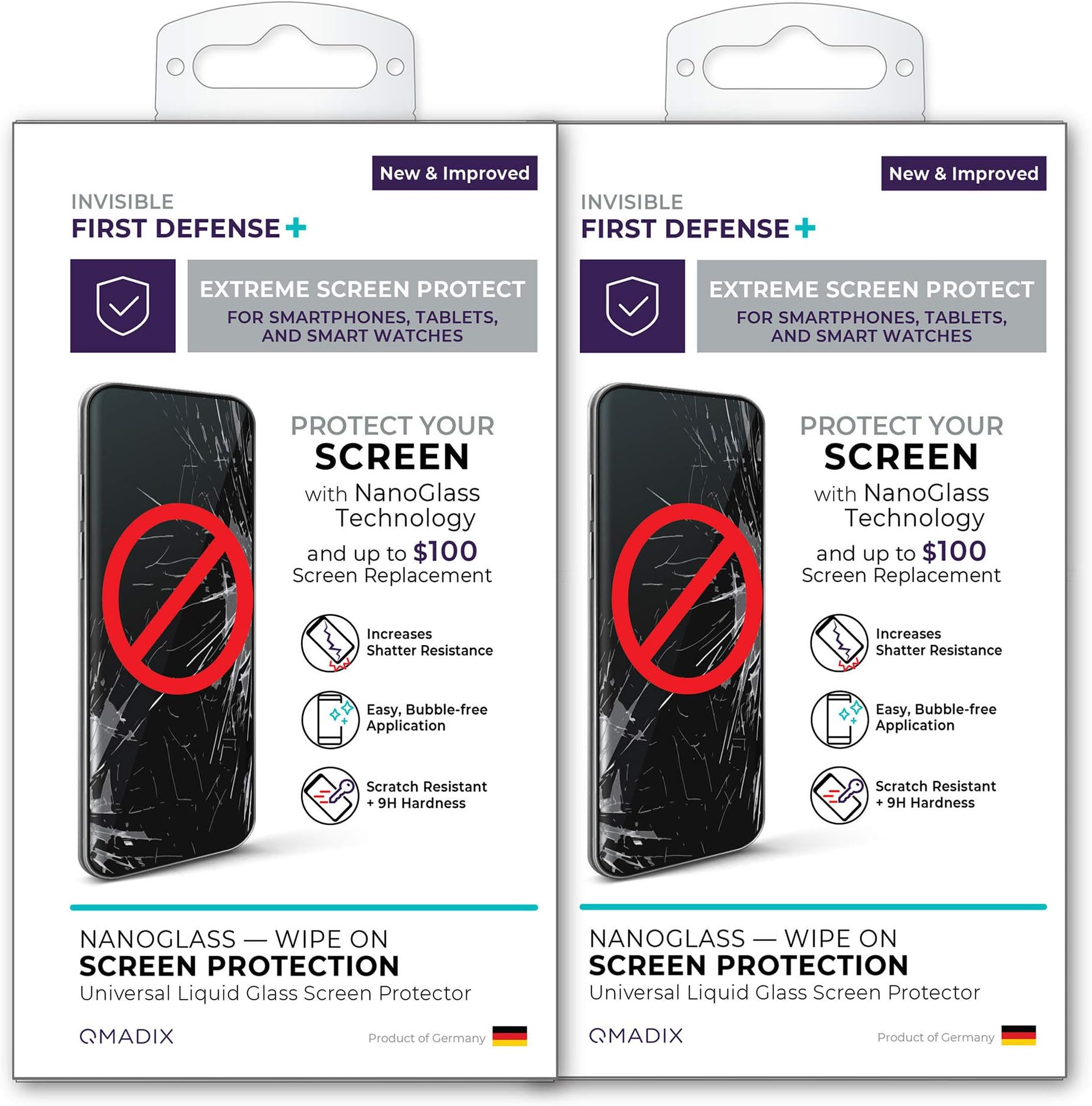 QMADIX 2-Pack $100 - Invisible First Defense NANO Liquid Glass Screen Protector for All Phones Tablets Smart Watches Apple Samsung iPhone iPad Galaxy and Universal