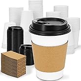 Clawsoff 100 Pack 12 oz Disposable Coffee Cups with Lids and Sleeves(White) | Thickened Durable Paper Drinking Cups, Hot/Cold Beverage, Leak Proof,BPA Free, for Home, Shop, Office,Party