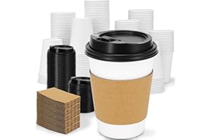 Clawsoff 100 Pack 12 oz Disposable Coffee Cups with Lids and Insulated Sleeves, Leak-free Paper and Sturdy Thick Paper Hot to Go Coffee Cups with Lids for Cold/Hot Beverage (White)