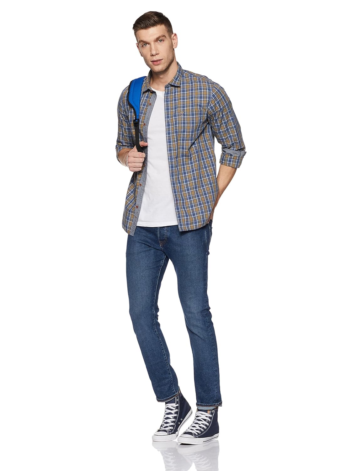 arrow jeans men's checkered slim fit cotton casual shirt