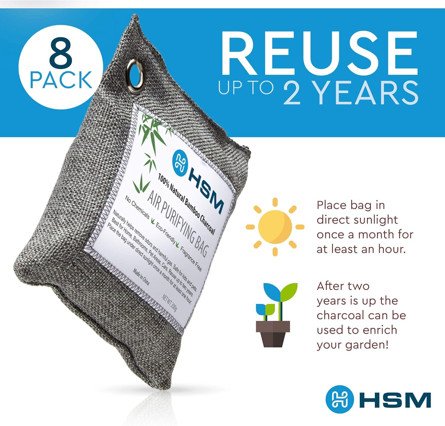 HSM MED SUPPLY Bamboo Charcoal Air Purifying Bags (8 Pack), Charcoal Bags Odor Absorber for Home (Pet Friendly) - Charcoal Air Purifying Bags (8 x 200g): Home & Kitchen