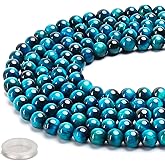 70PCS Natural 8MM Healing Gemstone, Blue Tiger’s Eye Energy Stone Round Loose Beads, Semi-Precious Crystal Beads with Free Elastic String for Jewelry Making DIY