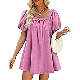 POLIRO Denim Dress for Women, Puff Short Sleeve Jean Dress Square Neck Denim Romper with Pockets