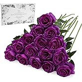 Purple Fake Roses Artificial Flowers - 16 Pcs Fake Artificial Roses Silk Flowers with Stems for Home Wedding Hotel Office Centerpiece Decor