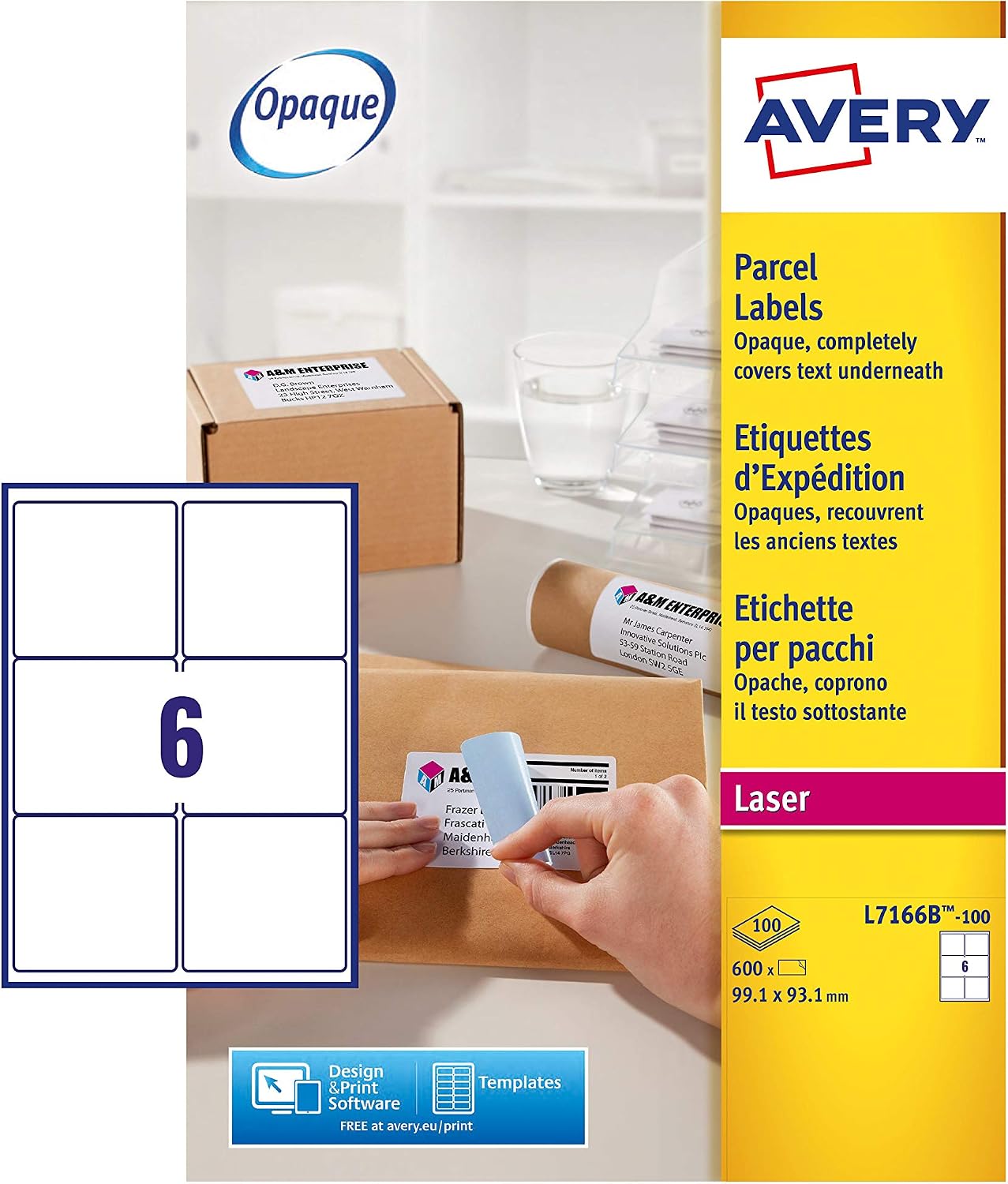 Avery L7166B Printable Parcel and Postage Labels, Laser Printers, 6 Labels Per A4 Sheet, 100 Sheets, 600 Sticker per Pack