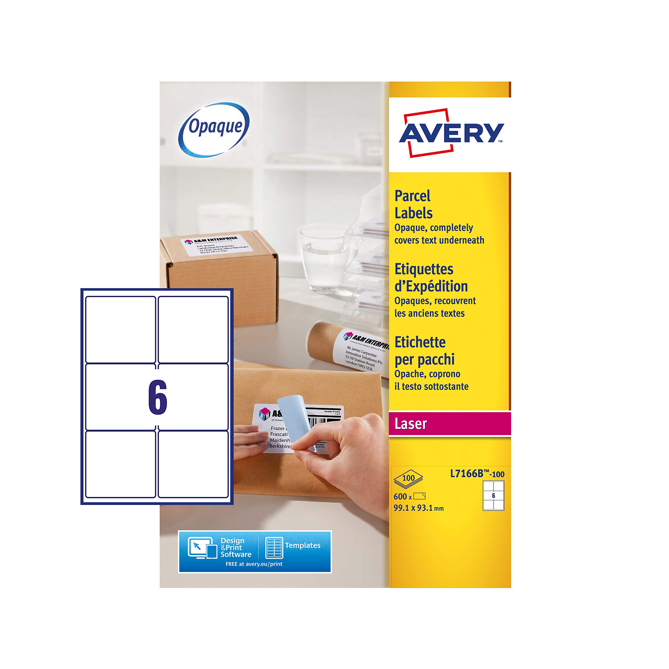 Avery L7166B Printable Parcel and Postage Labels, Laser Printers, 6 Labels Per A4 Sheet, 100 Sheets, 600 Sticker per Pack, BlockOut Technology