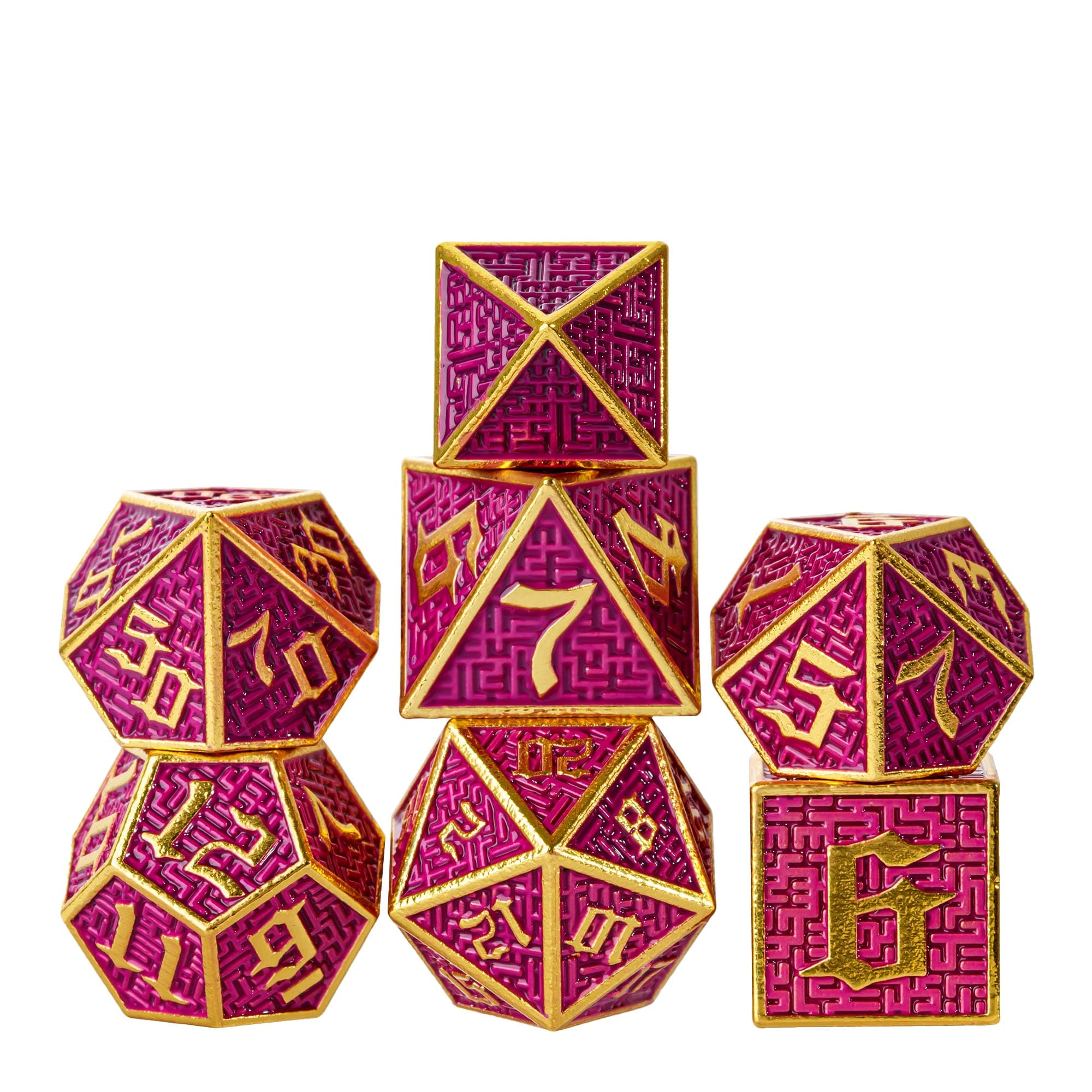Cusdie Metal Dice Set, 7 Pcs DND Metal Dice, Maze Design Polyhedral Dice Set, for Role Playing Game D&D Dice (Gold Purple) — image 1