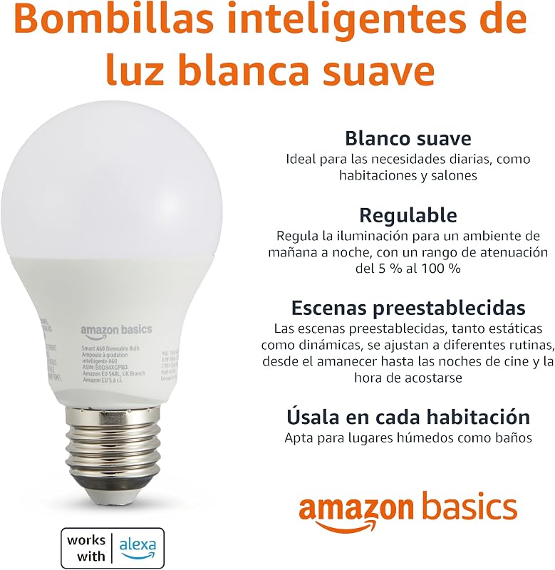 Lâmpada LED inteligente regulável, soquete E27, branco suave, 8W (equivalente a 60W), funciona apenas com Alexa, pack de 2