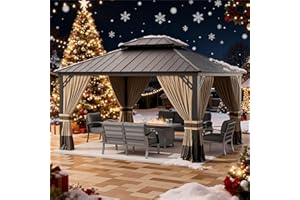 RTDTD 12’x14’ Hardtop Gazebo Outdoor Aluminum Frame Permanent Gazebo Galvanized Steel Double Roof Pergola with Nettings and Curtains for Patio, Lawns,Backyard, Deck(Brown)