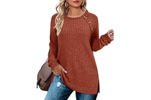Bofell Long Sleeve Shirts for Women Lightweight Button Decor Tunic Tops Side Split