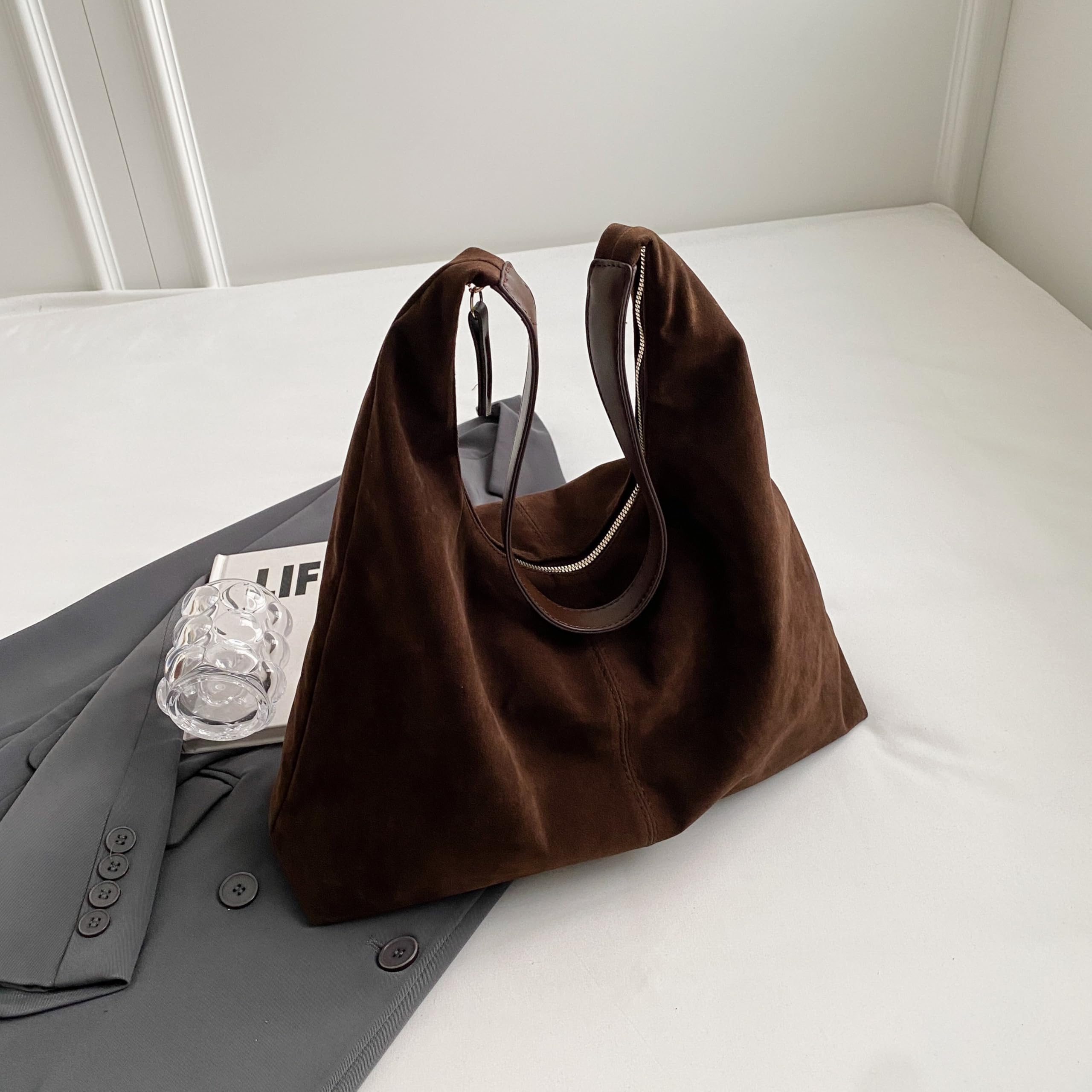 HiTotes Suede Tote and Hobo Bags for Women - Large Slouch and Crescent Shoulder Bags - Work Tote Handbag