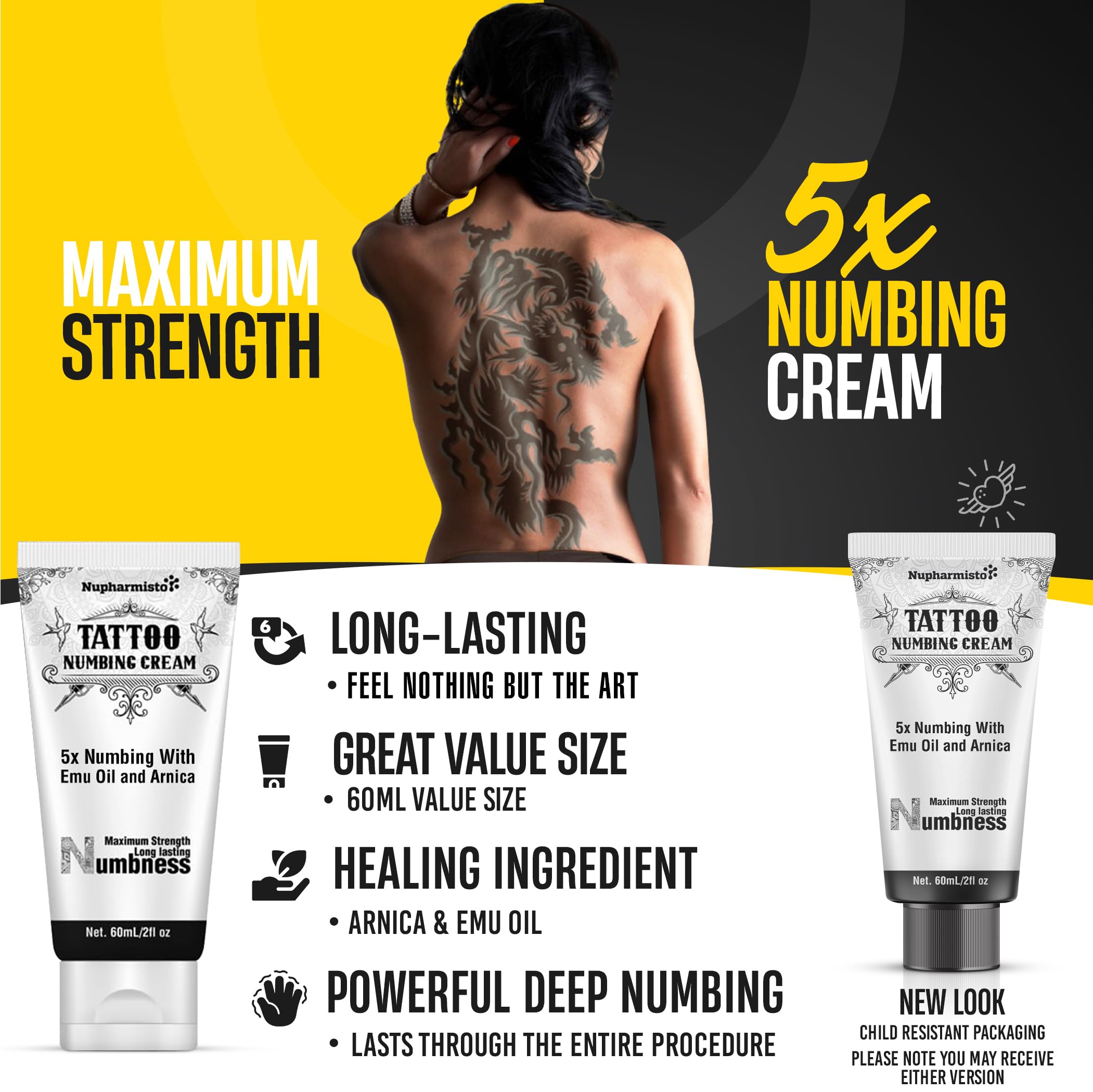 6 Hours Maximum Strength Numbing Cream Tattoo (2oz/ 60ml), Tattoo Numbing Cream for Tattoos Extra Strength with 5x Numbing, Emu Oil and Arnica. 2oz/ 60ml
