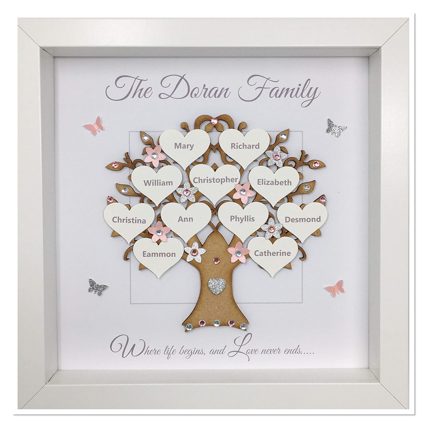 Personalised Family Tree 3D Box Picture Frame Pale Pink & Silver Glitter or 12 Colours To Choose