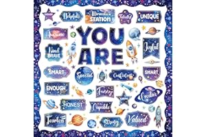 Wxiben Space Bulletin Board Decorations - Affirmation Station Classroom Decorations, Rocket Planet Motivational Quotes Paper Cutouts Set, Positive Affirmations School Office Chalkboard Wall Decor