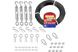 WIROPE DEPOT String Light Hanging Kit with Black Vinyl Coated 304 Stainless Steel Wire Rope,1/16 Inch Overmolded to 3/32 Inch,Turnbuckles and Hooks for Patio, Outdoor Post Light Accessories(150ft-43set)