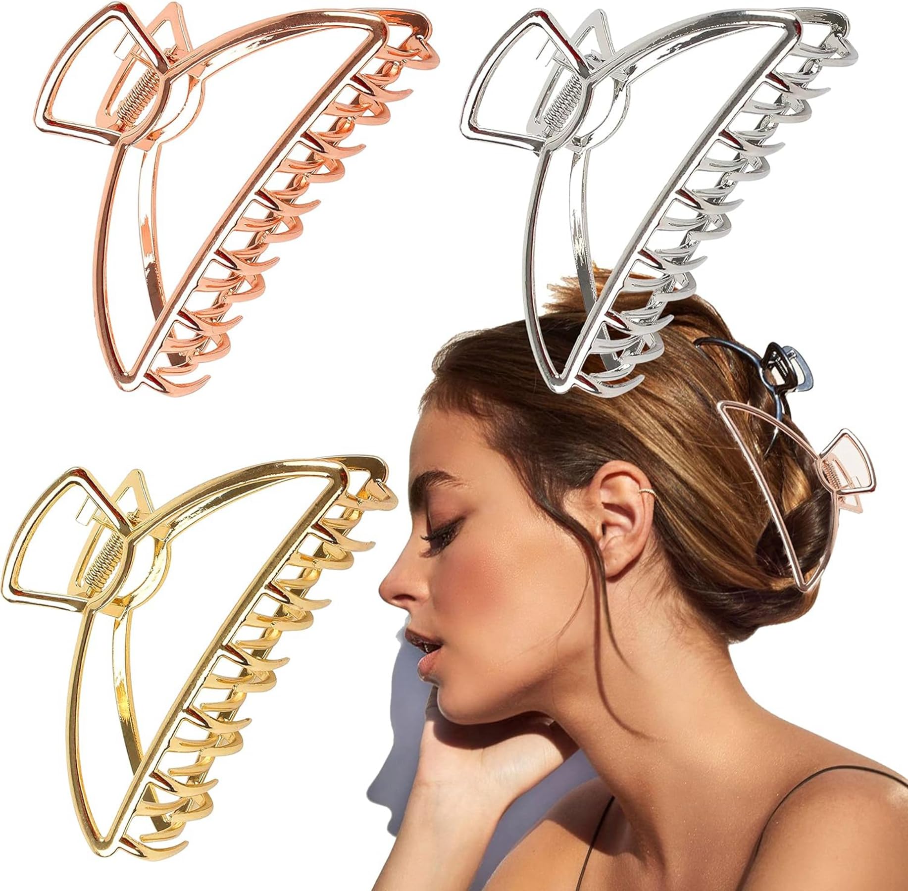 VinBee Hair Clips Extra Large Metal Hair Clips Strong Hold - Lightweight and Non-slip for Thick Thin Hair, Curly Hair and Short Hair - Gold, Silver, Rose Gold 3 Pcs