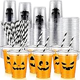 Bokon 60 Pcs Halloween Plastic Cups with 60 Lids and 75 Pcs Straws 12oz Disposable Clear Ghost Face Cups Bulk 12 Styles for Beverage Drink Snacks Wine Halloween Trick or Treat Supplies