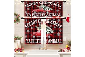 Britown Christmas Kitchen Curtains Buffalo Plaid Red Truck Tree Christmas Winter Window Curtains Valance and Tier Set 36 Inch Rod Pocket Short Tier Curtain for Room Kitchen Decor