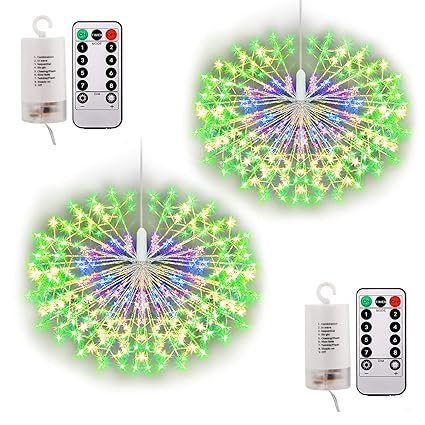 Kriogor 2 Stück LED Lichterketten, 198LED Weihnachtsbeleuchtung Explodierende Feuerwerke mit Fernbedienung (Mehrfarbig)