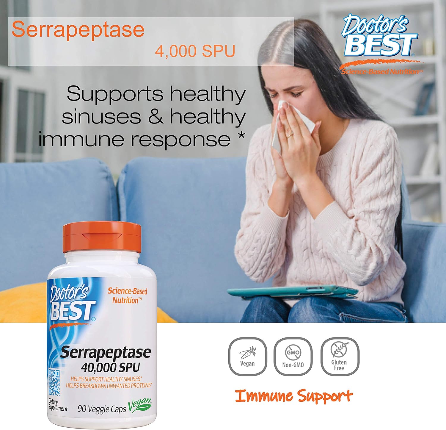 Doctor's Best Serrapeptase, Non-GMO, Vegan, Gluten Free, Supports Healthy Sinuses, 40,000 SPU, 90 Count (Pack of 1): Health & Personal Care