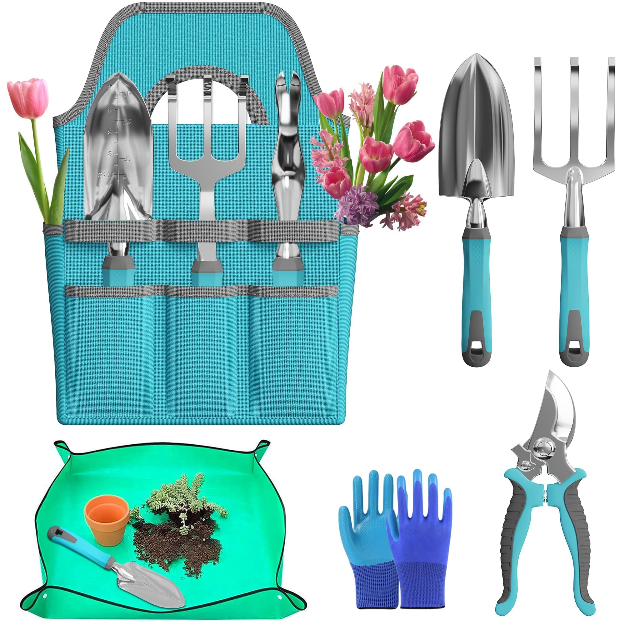 Photo 1 of 9-Piece Premium Garden Tools Set - Heavy Duty Hand Tool with Non-Slip Rubber Grip, Tote Bag, Pruner, Gloves, Repotting Mat - Rust-Proof Gardening Kit for Planting, Weeding, Pruning - Gift for Gardener