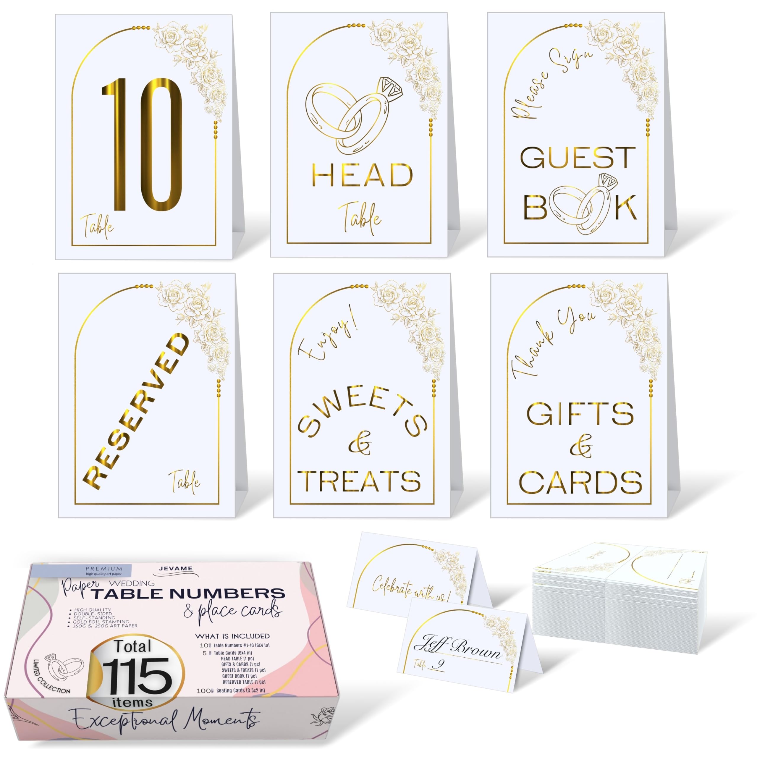 Photo 1 of Table Number Set 1-10 with 100 Place Cards | Includes Head Table, Guest Book, Gift & Cards, Sweets & Treats, Reserved 6x4 Double-Sided Self-Standing Signs for Wedding Reception