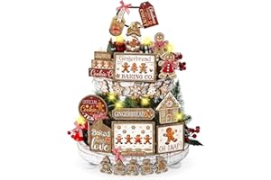 Shellwei 24 Pcs Christmas Tiered Tray Decor Set Wood Rustic Gingerbread Christmas Decoration Winter Farmhouse Decor Xmas Trees Gnome Elk Snowflake Signs for Table Shelf Home Centerpiece (Cute)