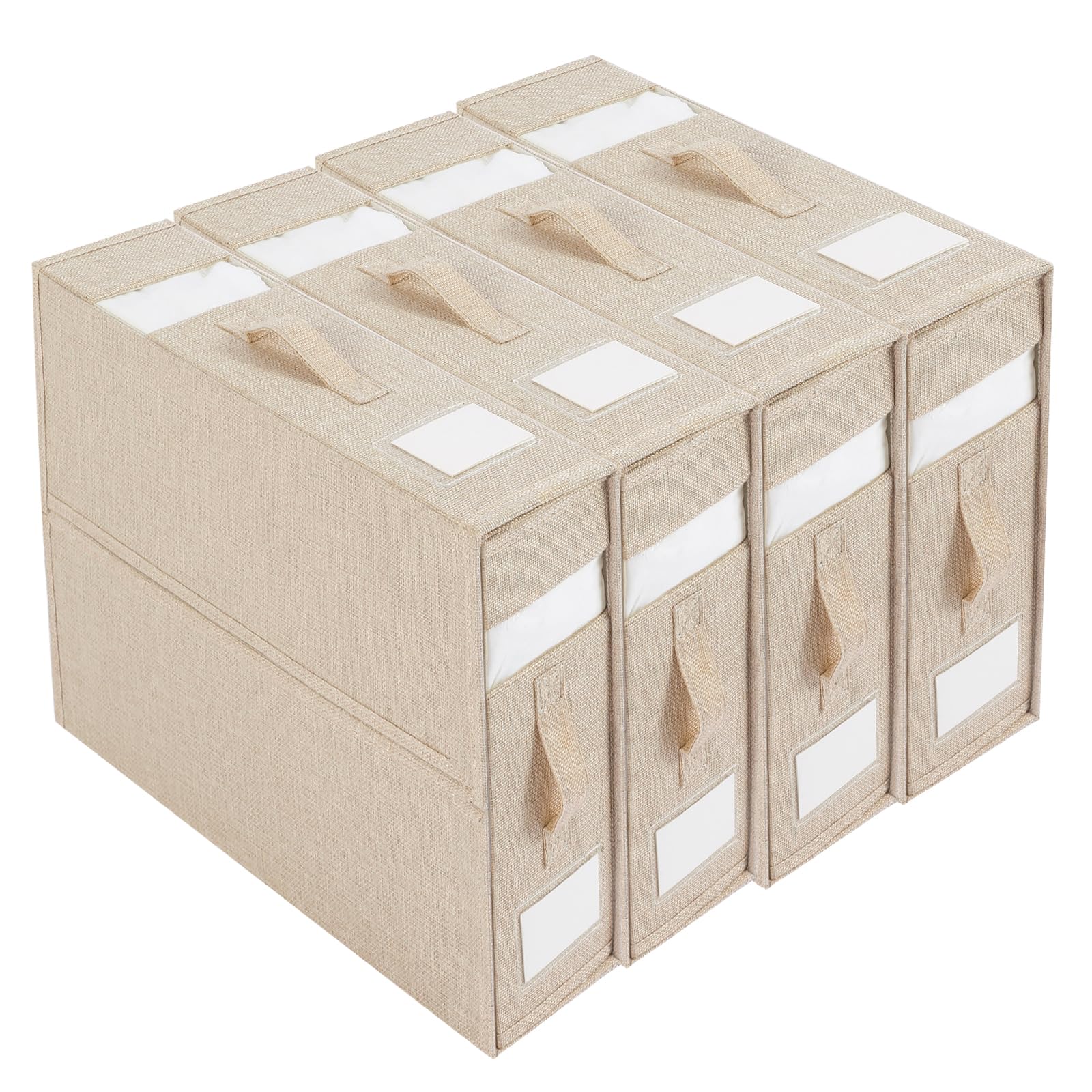 WMLBK Bed Sheet Organiser,Linen Bedding Organiser Folder Box with 2 Visual Windows,Stackable Bedding Storage Bags Closet Storage Box for Sheets and Clothes (4 pcs, Beige)