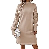 Sovoyontee Women's 2025 Fall Long Sleeve Mock Neck Sweater Dress Casual Loose Ribbed Knit Mini Short Pullover Dresses