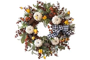 WANNA-CUL 24 inch Large Farmhouse Fall Wreath Decor for Front Door with White Pumpkin,Cotton,Lamb's Ear and Eucalyptus Leaves,Harvest Door Wreath for Autumn or Thanksgiving Decorations