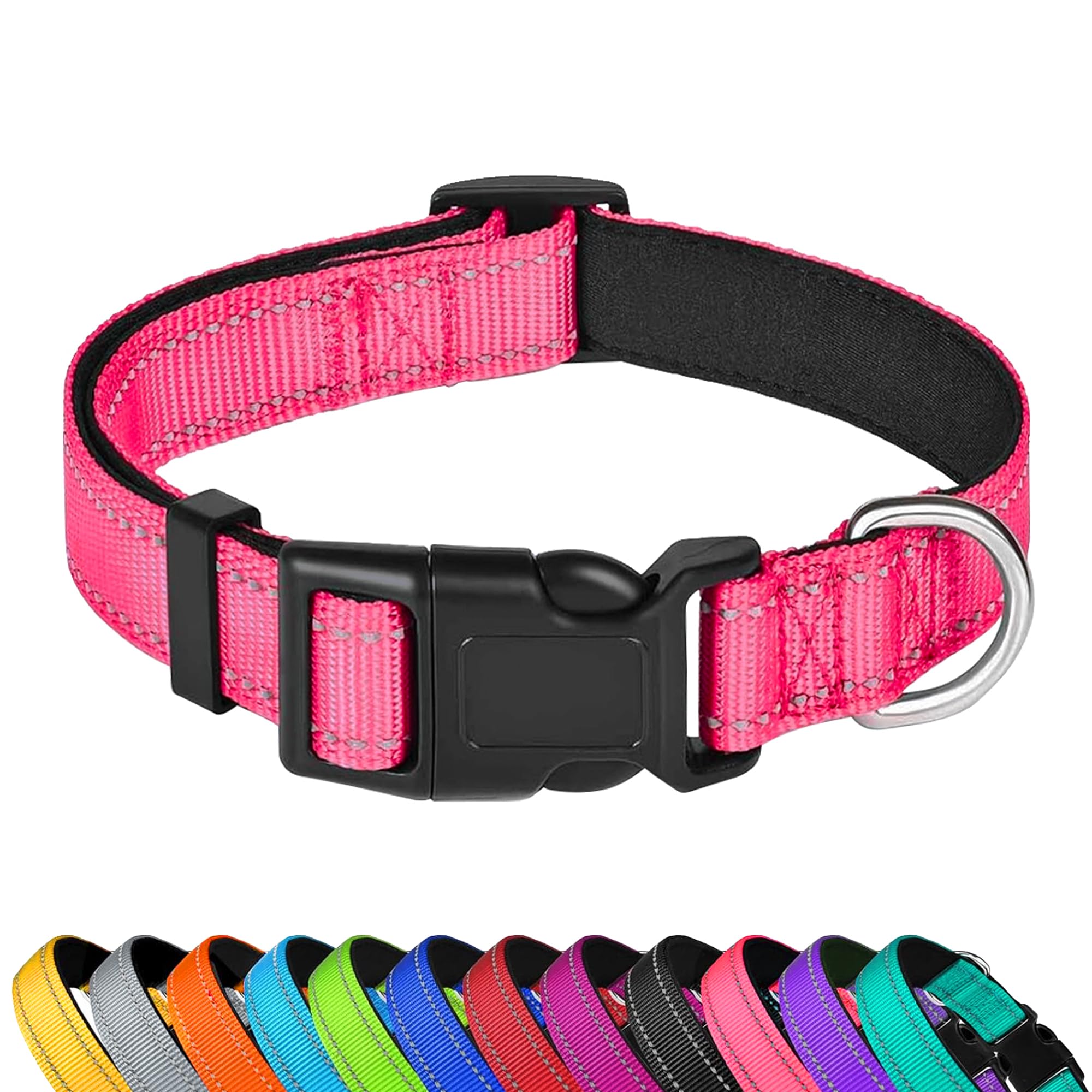 Photo 1 of PWOD Reflective Dog Collar, Adjustable Soft Neoprene Padded Nylon Pet Collars with Buckle for Medium Dogs, Hotpink,M