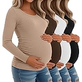 Riyiper 4 Pack Women's Maternity Shirts, Long Sleeve Cotton Ribbed Pregnancy Tee Top Crewneck Side Ruched Casual Mama Clothes