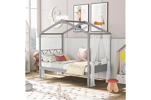 MERITLINE House Bed Twin Size Bed Frame with Roof, House Twin Bed, No Box Spring Needed (Grey, Twin (with Slats))