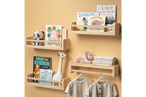 Boswillon Dual-Guard Nursery Book Shelves Set of 4, Floating Shelves for Nursery Room Wall Decor, Wall Mount Kids Bookshelf for Baby Bedroom Storage, Toddler Toy Hanging Wall Organizer - Natural Wood