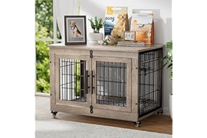 YaFiti Dog Crate Furniture with Cushion, Wooden Dog Kennel with Double Doors, Heavy Duty Dog Cage End Table with Wheels, Dog House Indoor for Small Medium Dogs up to 45 lb, 32.5” L, Grey