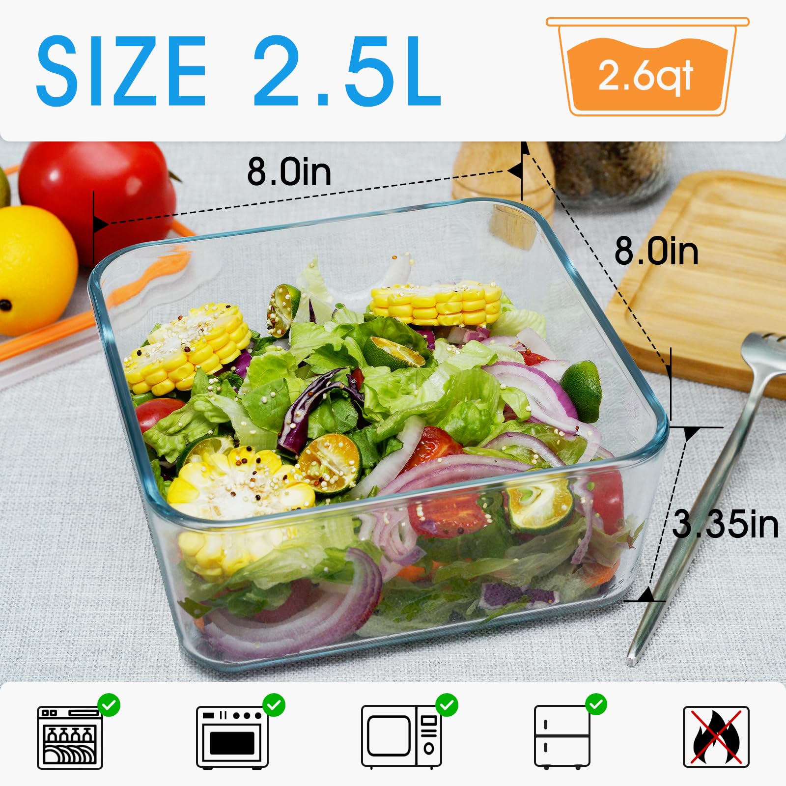 NUTRIUPS 2.6QT Square Glass Baking Dish with Lid, 8×8 inches Deep Square Baking Dish with Lid, Glass Baking Dishes for Oven